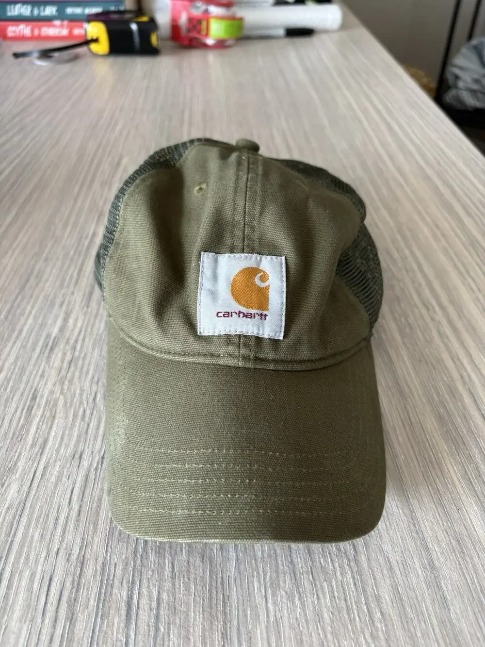 Carhartt Olive Green Mesh Trucker Hat Snapback Canvas Logo Cap Adult OSFA